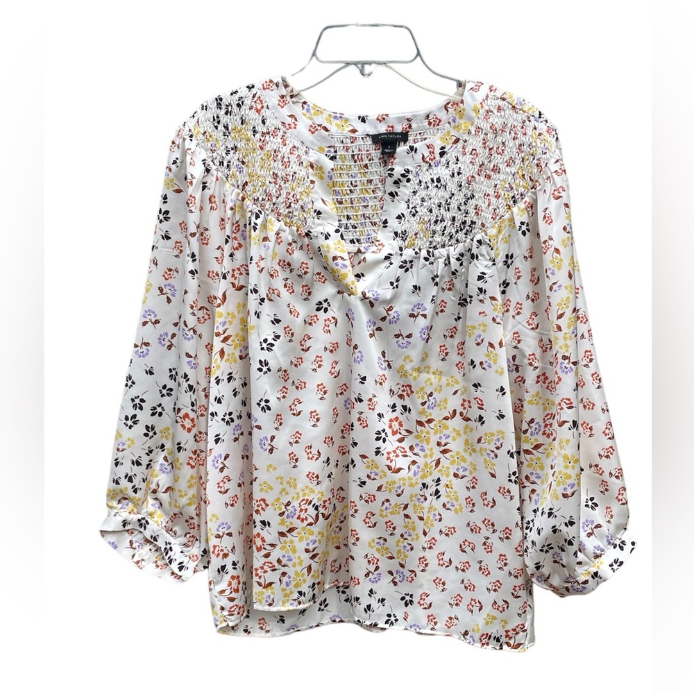 Ann Taylor Blouse Sz S Smocked Slipover 3/4 Sleeve Floral